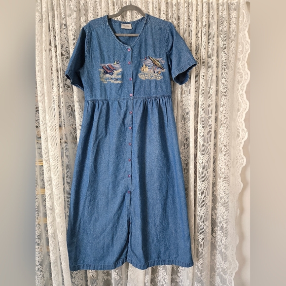 Vintage 90s East West Embroidered Denim Dress | Size M - Picture 2 of 10